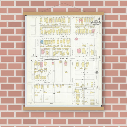 Old map wall art mockup — magnetic wood frame on brick wall — Sanborn Fire Insurance Map from Portsmouth, Scioto County, Ohio (1911), Sheet #0008