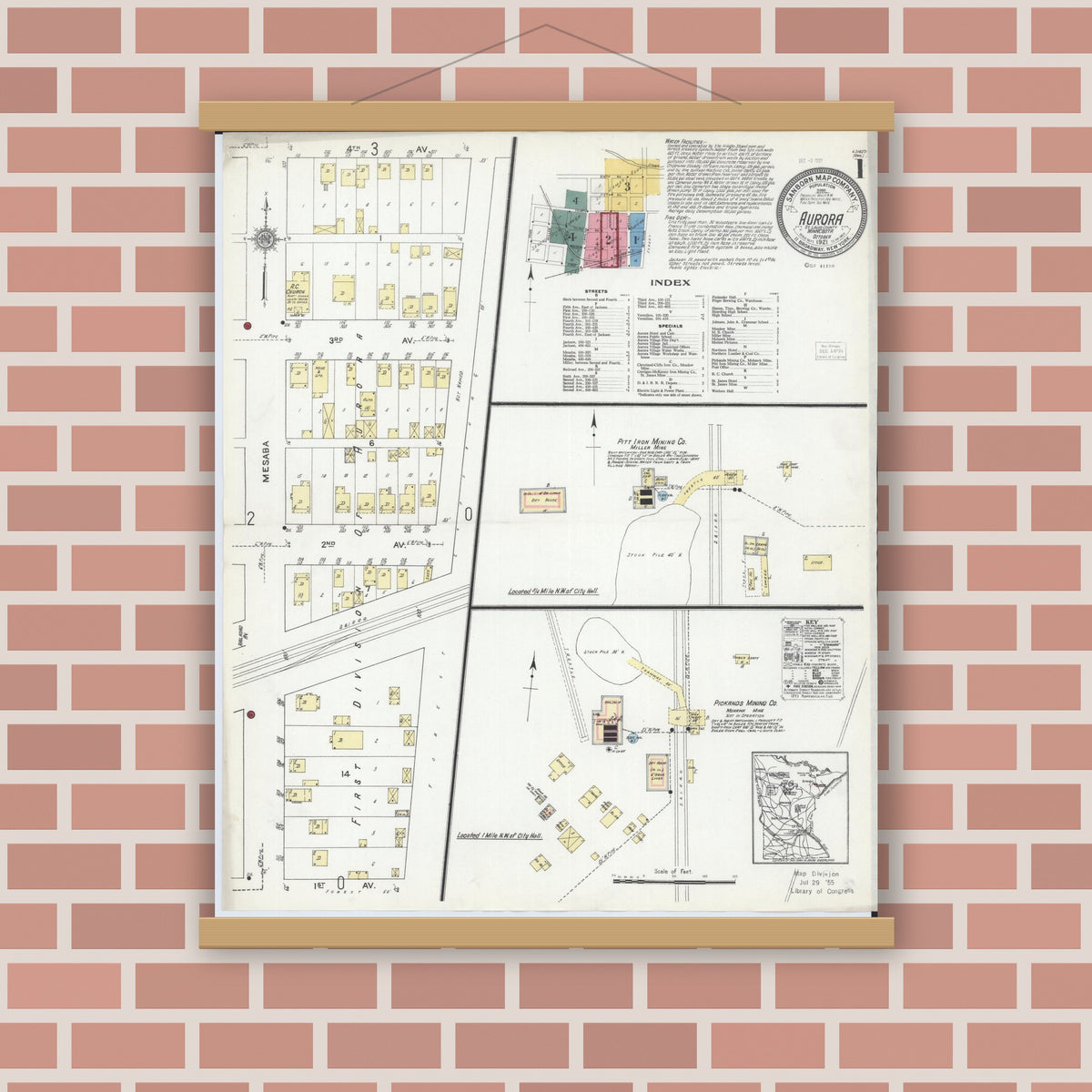 Old map wall art mockup — magnetic wood frame on brick wall — Sanborn Fire Insurance Map from Aurora, Saint Louis County, Minnesota (1921) - Complete Map Set