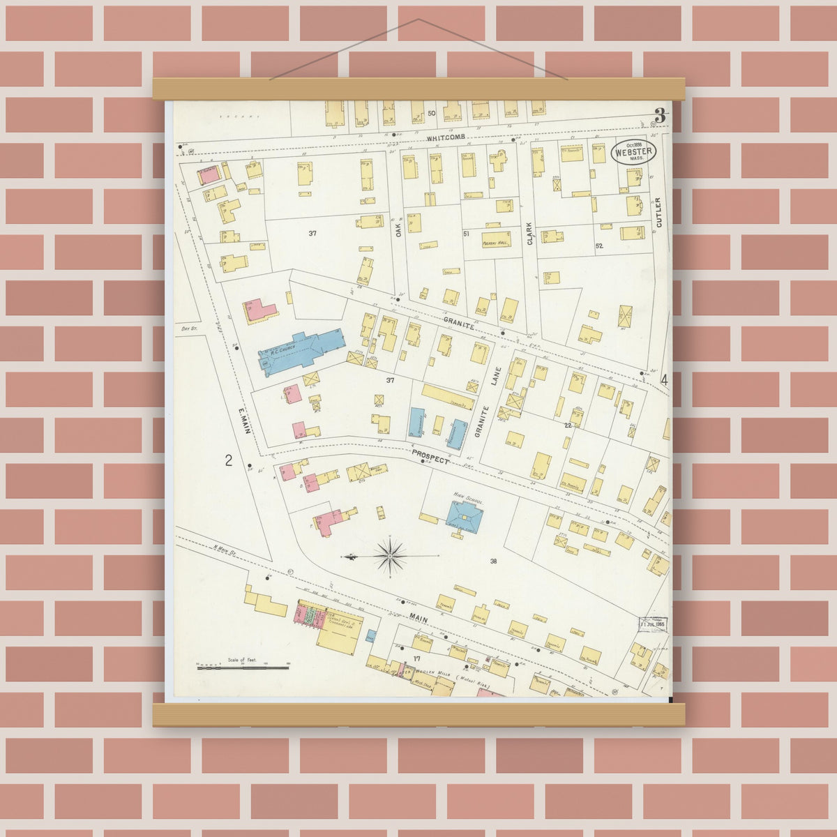 Old map wall art mockup — magnetic wood frame on brick wall — Sanborn Fire Insurance Map from Webster, Worcester County, Massachusetts (1898), Sheet #0003