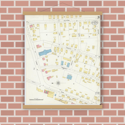Old map wall art mockup — magnetic wood frame on brick wall — Sanborn Fire Insurance Map from Webster, Worcester County, Massachusetts (1898), Sheet #0003