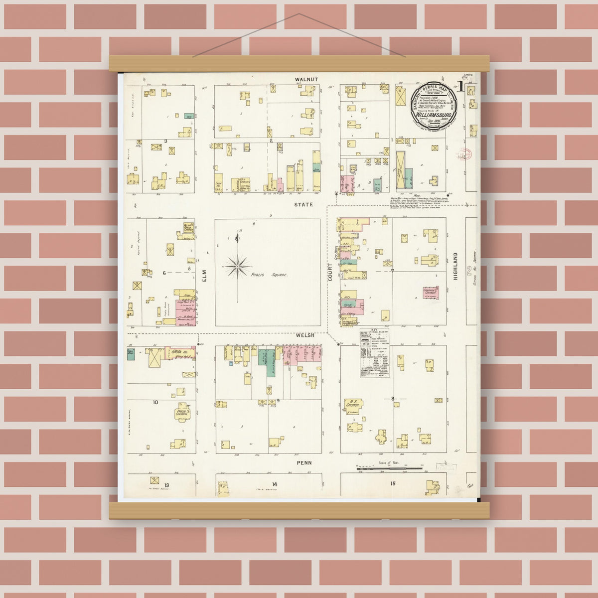 Old map wall art mockup — magnetic wood frame on brick wall — Sanborn Fire Insurance Map from Williamsburg, Iowa County, Iowa (1895), Sheet #0001
