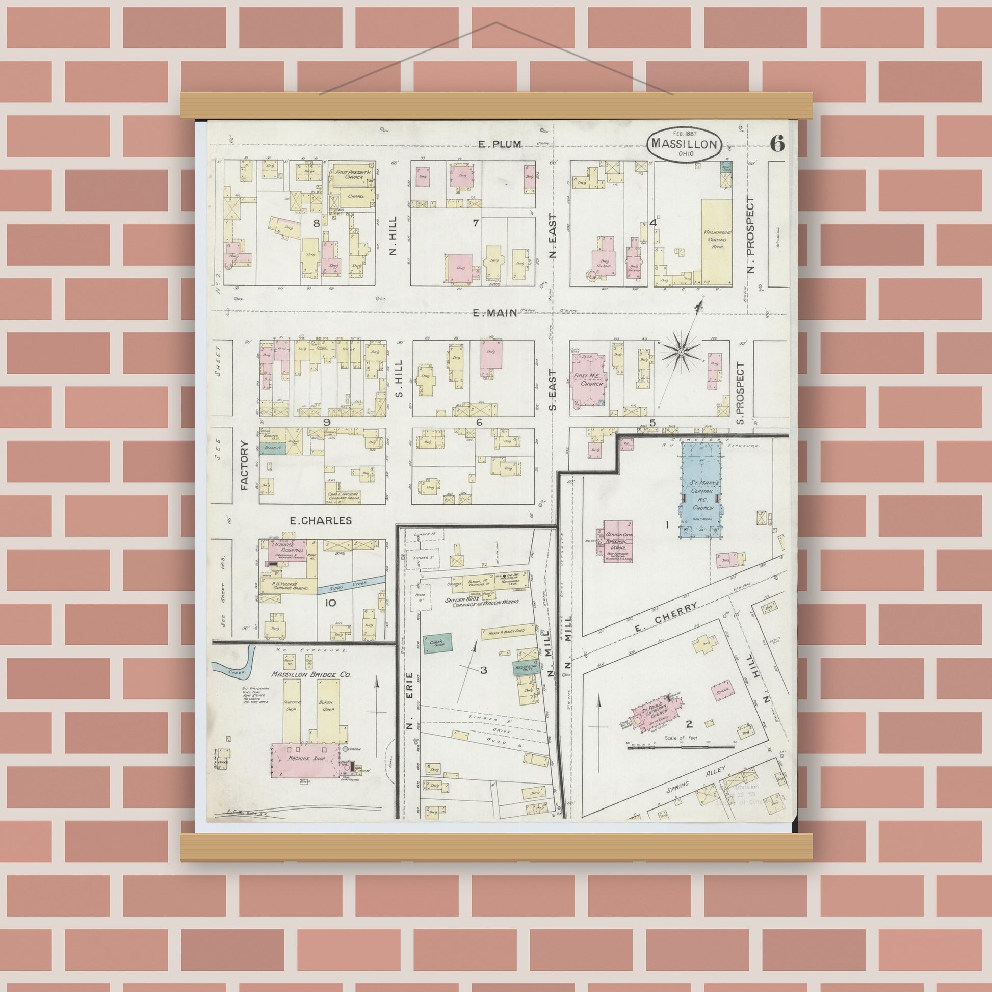 Old map wall art mockup — magnetic wood frame on brick wall — Sanborn Fire Insurance Map from Massillon, Stark County, Ohio (1887), Sheet #0006