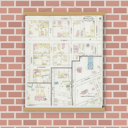 Old map wall art mockup — magnetic wood frame on brick wall — Sanborn Fire Insurance Map from Massillon, Stark County, Ohio (1887), Sheet #0006