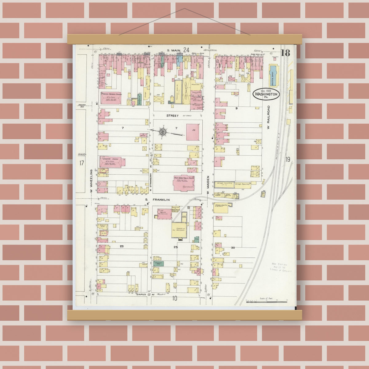 Old map wall art mockup — magnetic wood frame on brick wall — Sanborn Fire Insurance Map from Washington, Washington County, Pennsylvania (1909), Sheet #0018