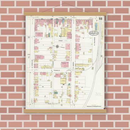 Old map wall art mockup — magnetic wood frame on brick wall — Sanborn Fire Insurance Map from Washington, Washington County, Pennsylvania (1909), Sheet #0018