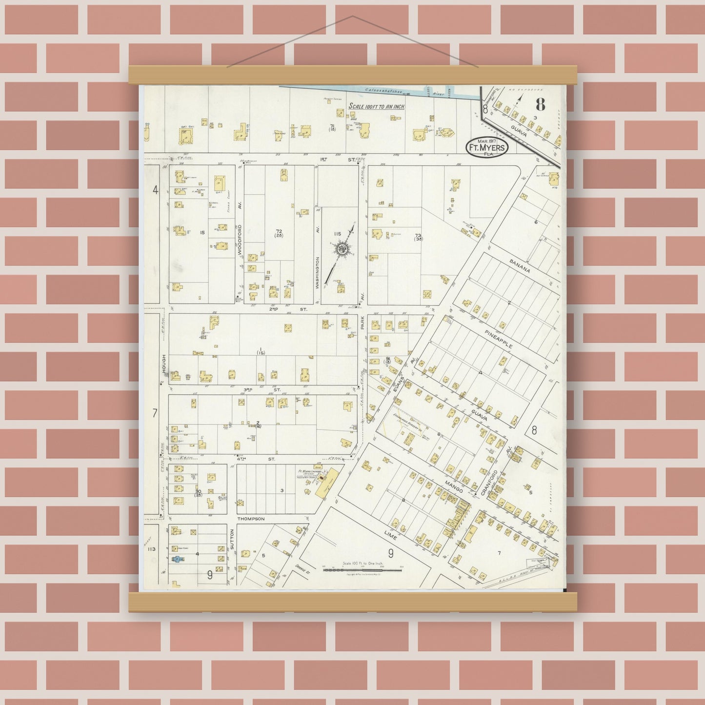Old map wall art mockup — magnetic wood frame on brick wall — Sanborn Fire Insurance Map from Fort Myers, Lee County, Florida (1917), Sheet #0008
