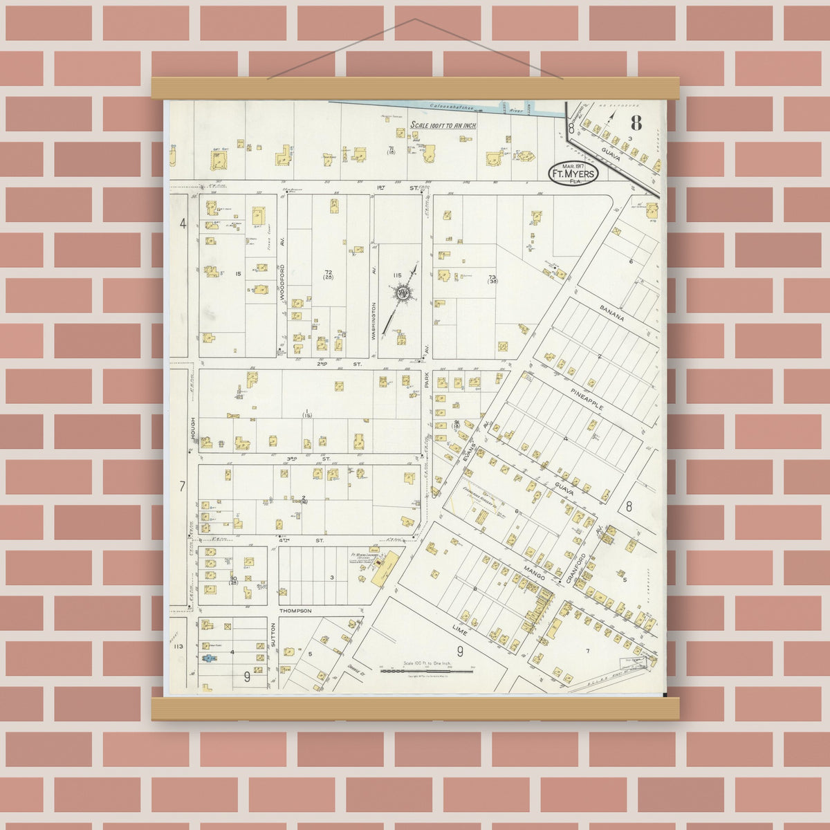 Old map wall art mockup — magnetic wood frame on brick wall — Sanborn Fire Insurance Map from Fort Myers, Lee County, Florida (1917), Sheet #0008