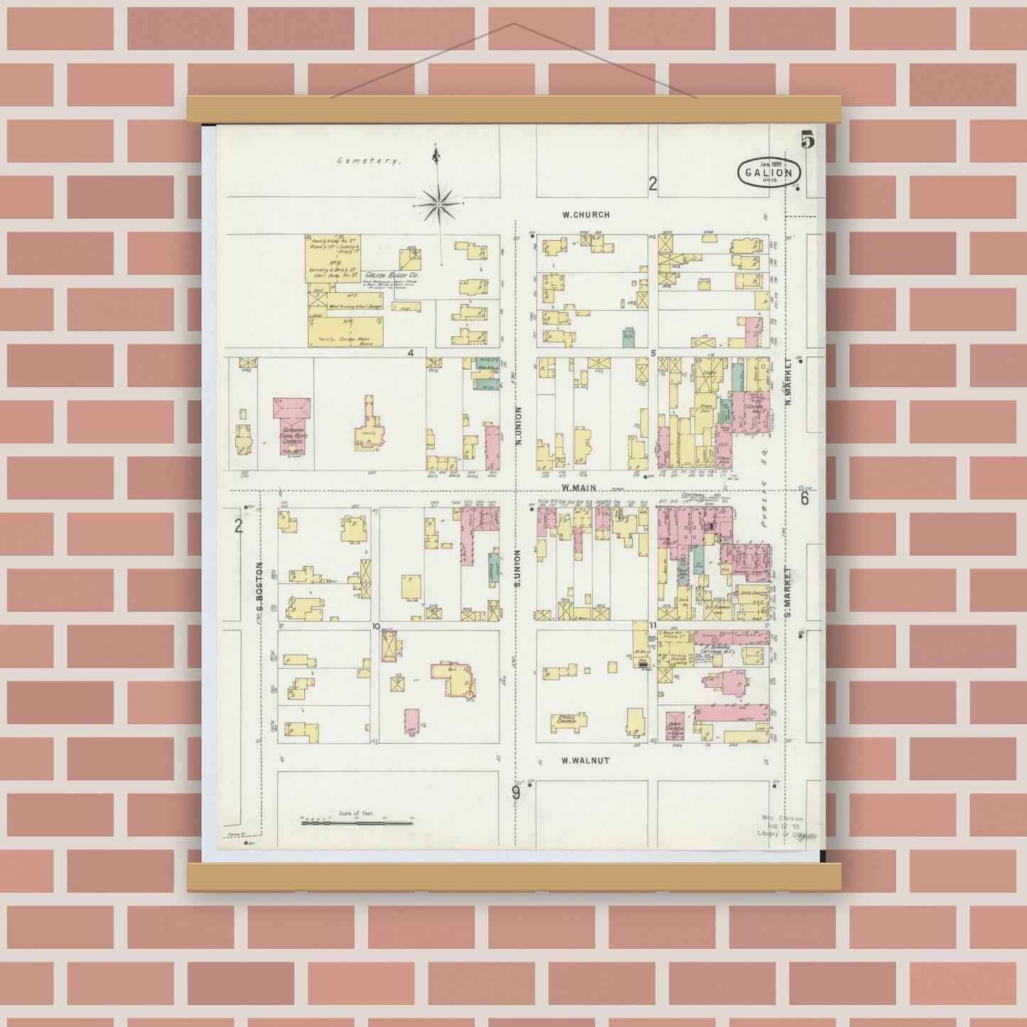 Old map wall art mockup — magnetic wood frame on brick wall — Sanborn Fire Insurance Map from Galion, Crawford County, Ohio (1897), Sheet #0005
