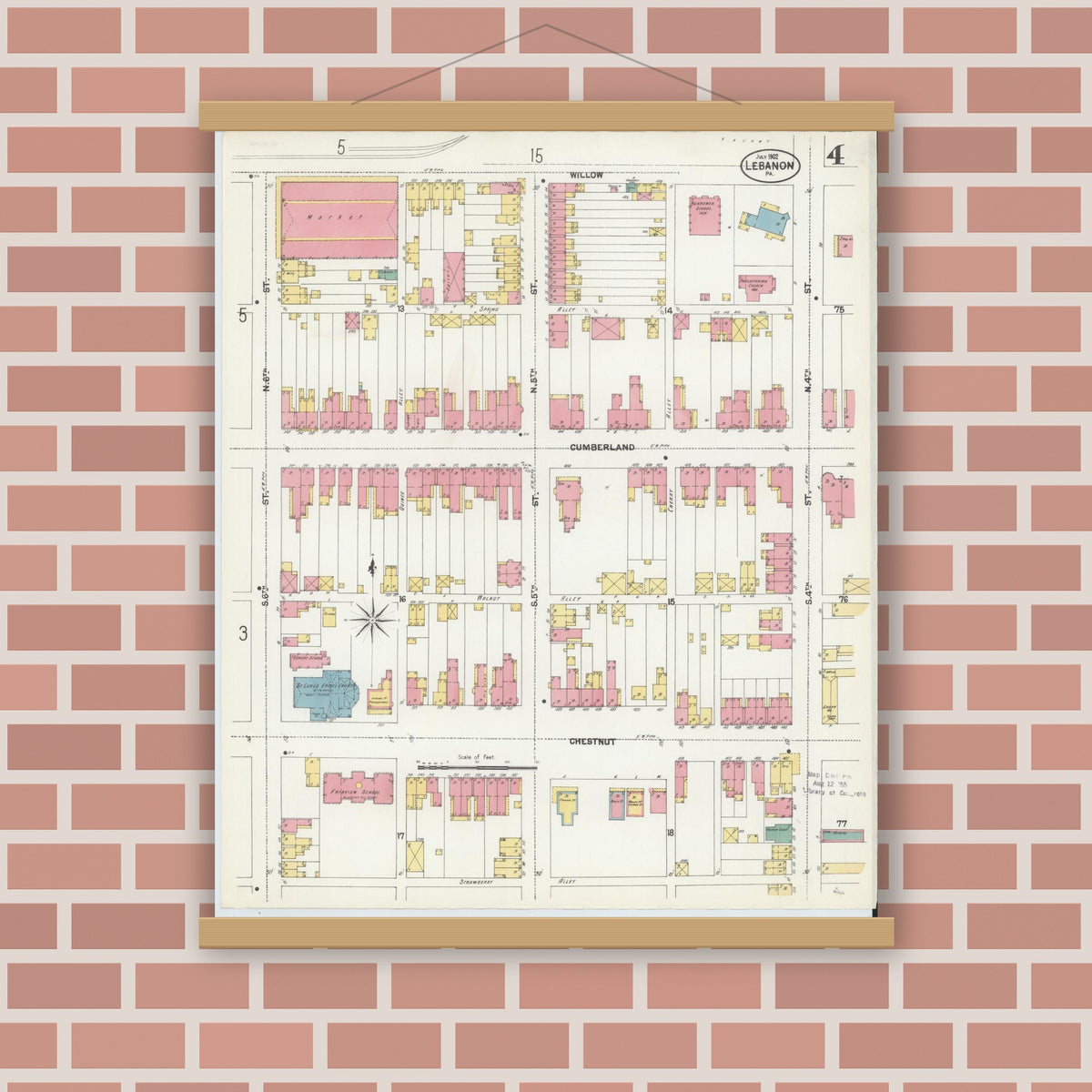 Old map wall art mockup — magnetic wood frame on brick wall — Sanborn Fire Insurance Map from Lebanon, Lebanon County, Pennsylvania (1902), Sheet #0004
