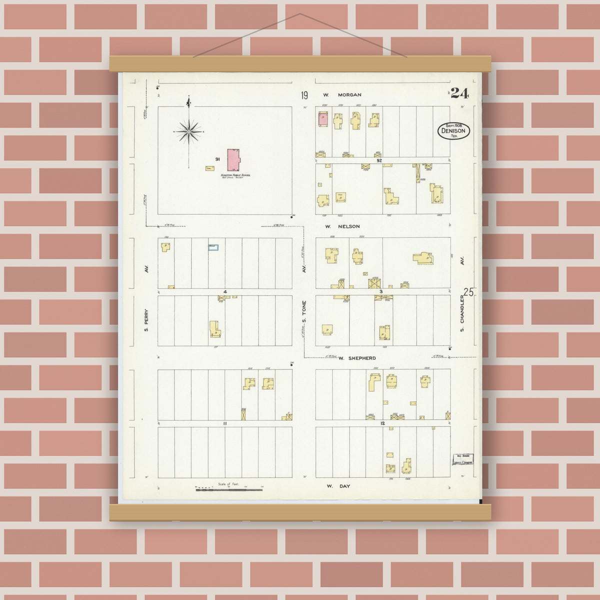 Old map wall art mockup — magnetic wood frame on brick wall — Sanborn Fire Insurance Map from Denison, Grayson County, Texas (1908), Sheet #0024