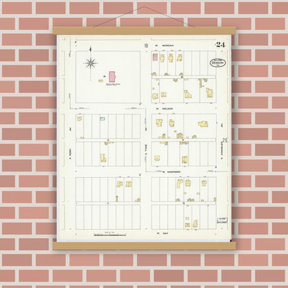 Old map wall art mockup — magnetic wood frame on brick wall — Sanborn Fire Insurance Map from Denison, Grayson County, Texas (1908), Sheet #0024