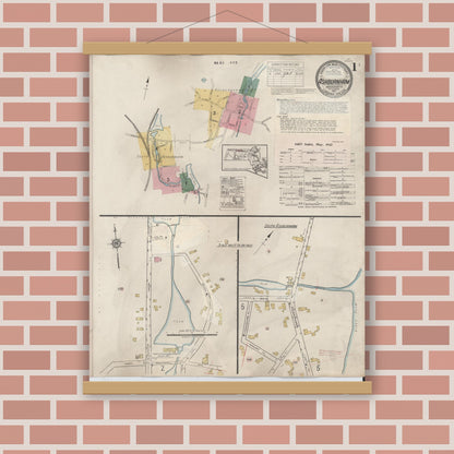 Old map wall art mockup — magnetic wood frame on brick wall — Sanborn Fire Insurance Map from Ashburnham, Worcester County, Massachusetts (1942), Sheet #0001