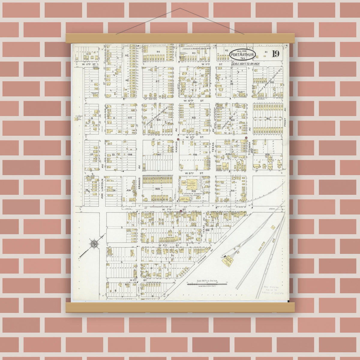 Old map wall art mockup — magnetic wood frame on brick wall — Sanborn Fire Insurance Map from Port Arthur, Jefferson County, Texas (1918), Sheet #0019