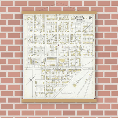 Old map wall art mockup — magnetic wood frame on brick wall — Sanborn Fire Insurance Map from Port Arthur, Jefferson County, Texas (1918), Sheet #0019
