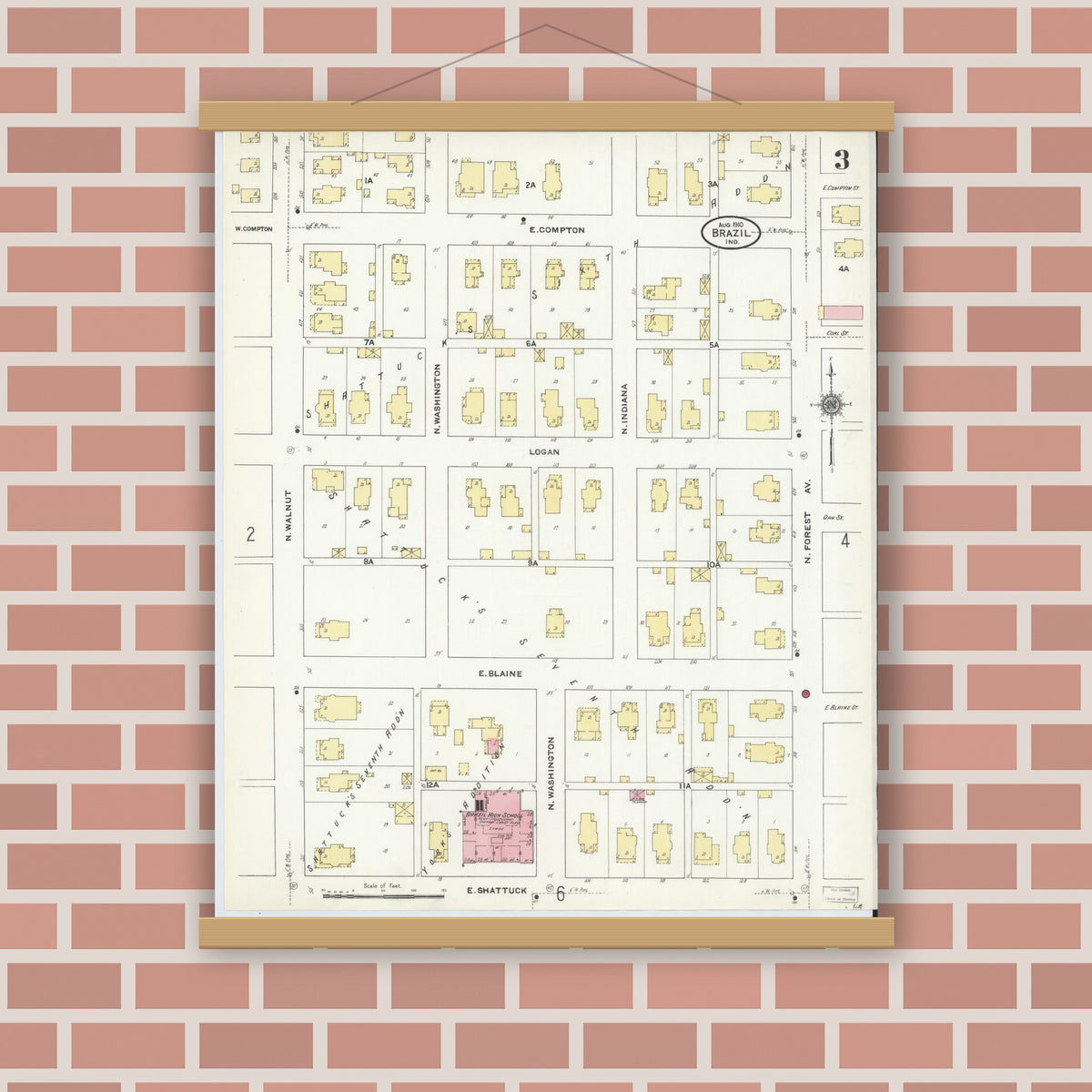Old map wall art mockup — magnetic wood frame on brick wall — Sanborn Fire Insurance Map from Brazil, Clay County, Indiana (1910), Sheet #0003