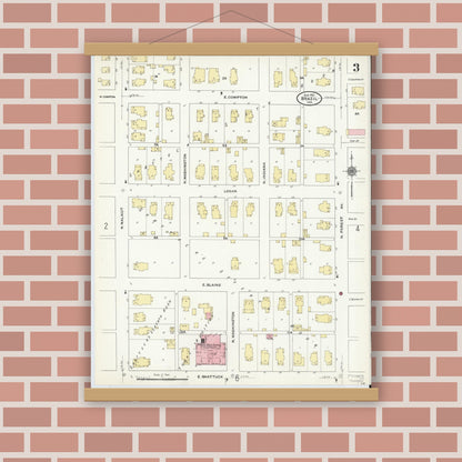 Old map wall art mockup — magnetic wood frame on brick wall — Sanborn Fire Insurance Map from Brazil, Clay County, Indiana (1910), Sheet #0003