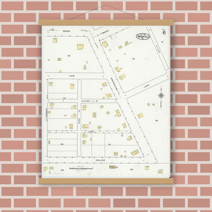 Old map wall art mockup — magnetic wood frame on brick wall — Sanborn Fire Insurance Map from Mansfield, Tarrant County, Texas (1921), Sheet #0006