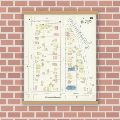 Old map wall art mockup — magnetic wood frame on brick wall — Sanborn Fire Insurance Map from Oneida, Madison County, New York (1914), Sheet #0018