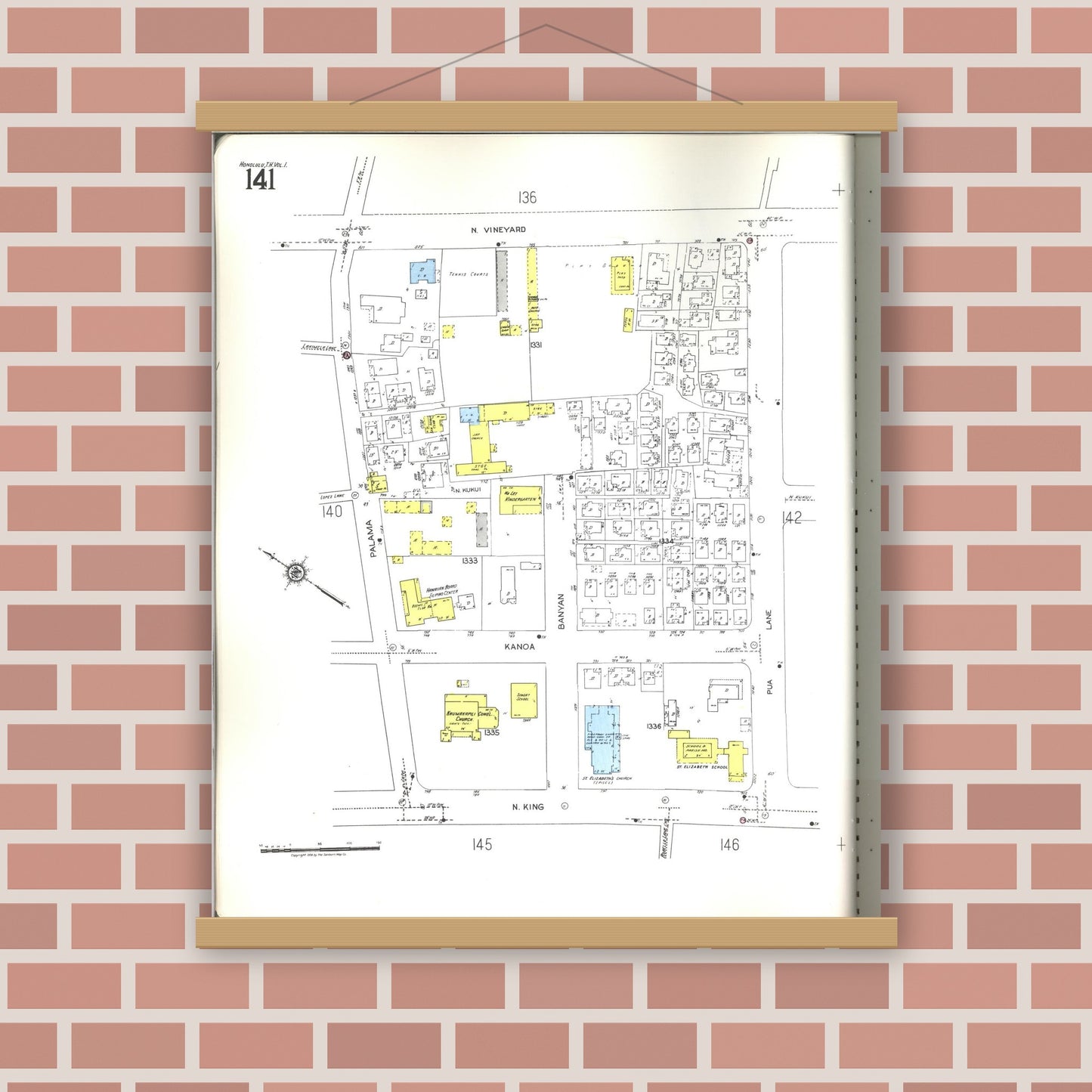 Old map wall art mockup — magnetic wood frame on brick wall — Sanborn Fire Insurance Map from Honolulu, Oahu County, Hawaii (1955), Sheet #0141