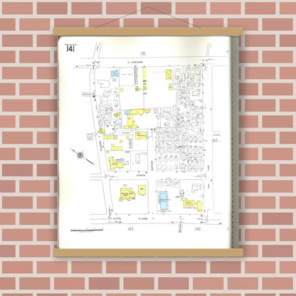 Old map wall art mockup — magnetic wood frame on brick wall — Sanborn Fire Insurance Map from Honolulu, Oahu County, Hawaii (1955), Sheet #0141