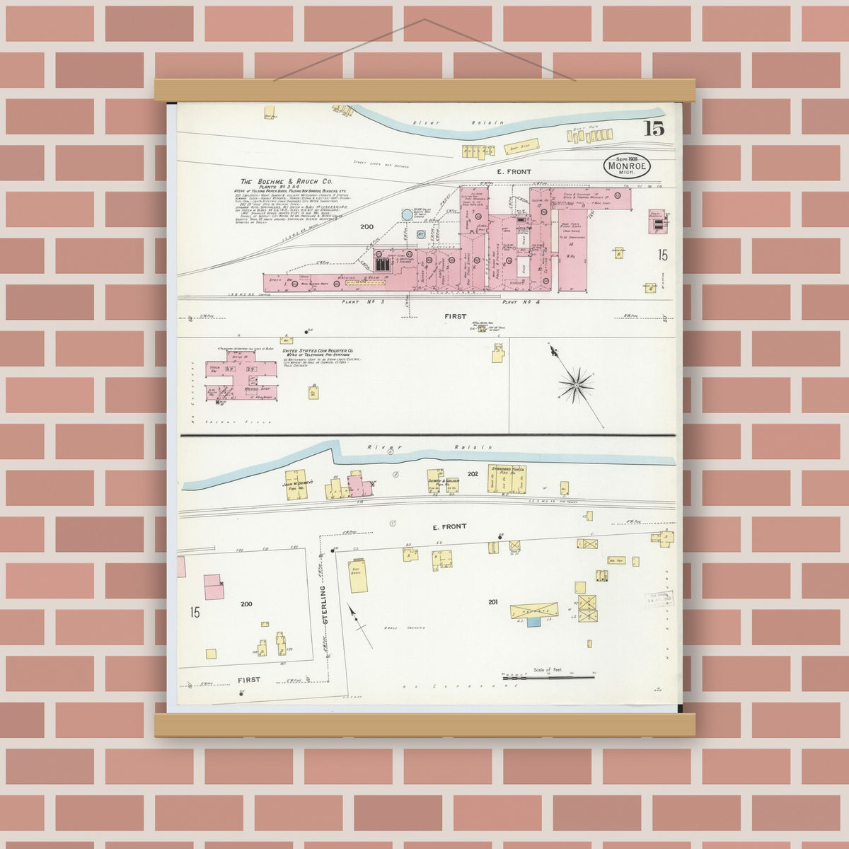 Old map wall art mockup — magnetic wood frame on brick wall — Sanborn Fire Insurance Map from Monroe, Monroe County, Michigan (1908), Sheet #0015