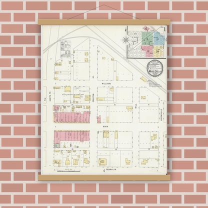 Old map wall art mockup — magnetic wood frame on brick wall — Sanborn Fire Insurance Map from Wolfe City, Hunt County, Texas (1896) - Complete Map Set