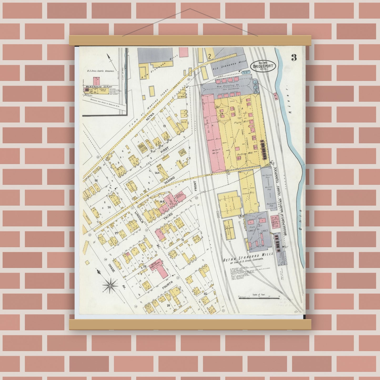 Old map wall art mockup — magnetic wood frame on brick wall — Sanborn Fire Insurance Map from Bridgeport, Belmont County, Ohio (1903), Sheet #0003