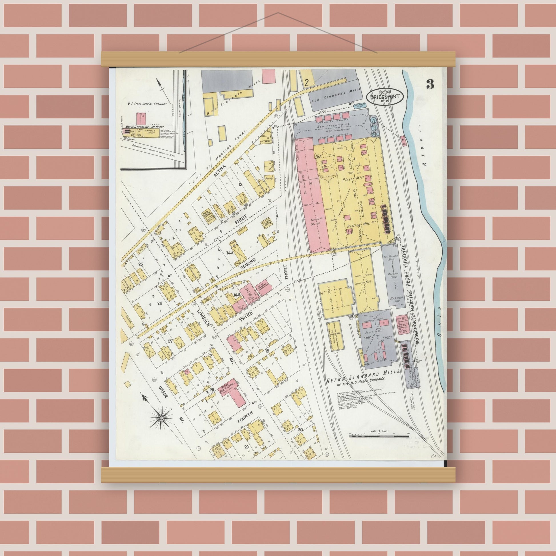Old map wall art mockup — magnetic wood frame on brick wall — Sanborn Fire Insurance Map from Bridgeport, Belmont County, Ohio (1903), Sheet #0003