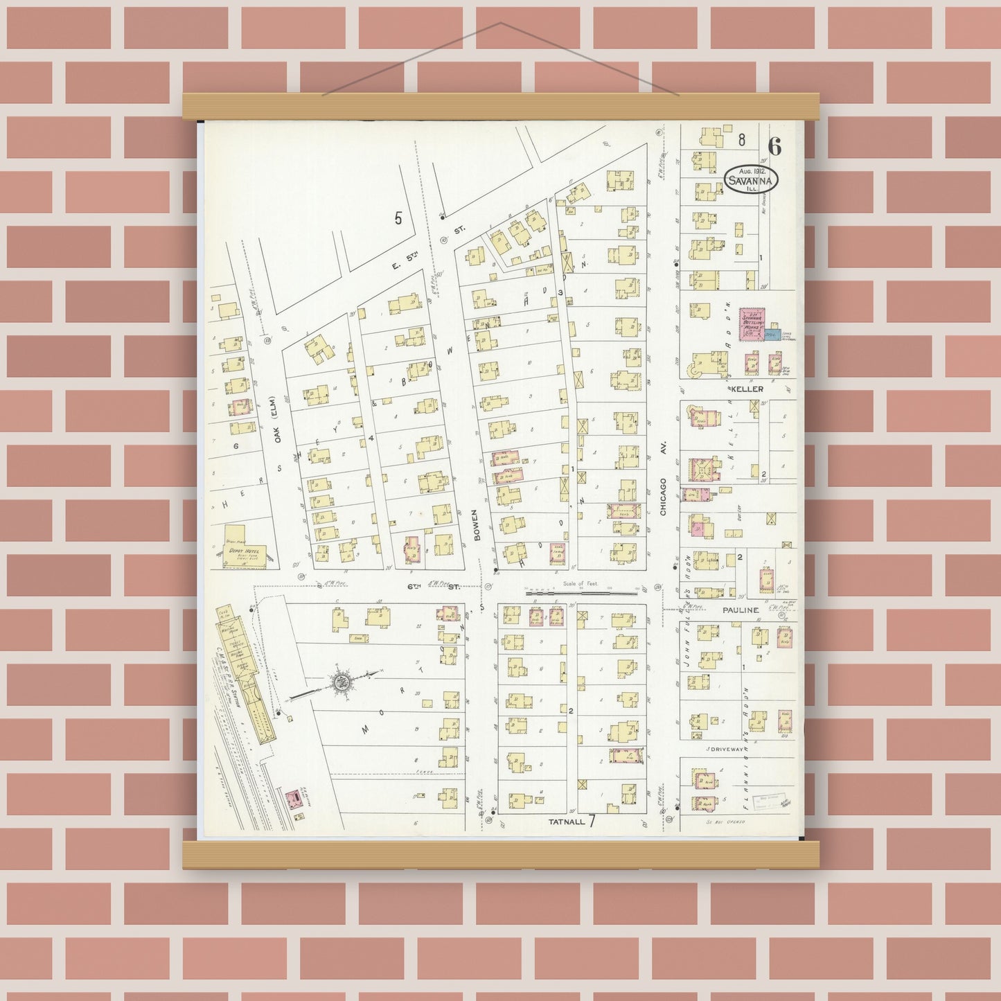 Old map wall art mockup — magnetic wood frame on brick wall — Sanborn Fire Insurance Map from Savanna, Carroll County, Illinois (1912), Sheet #0006