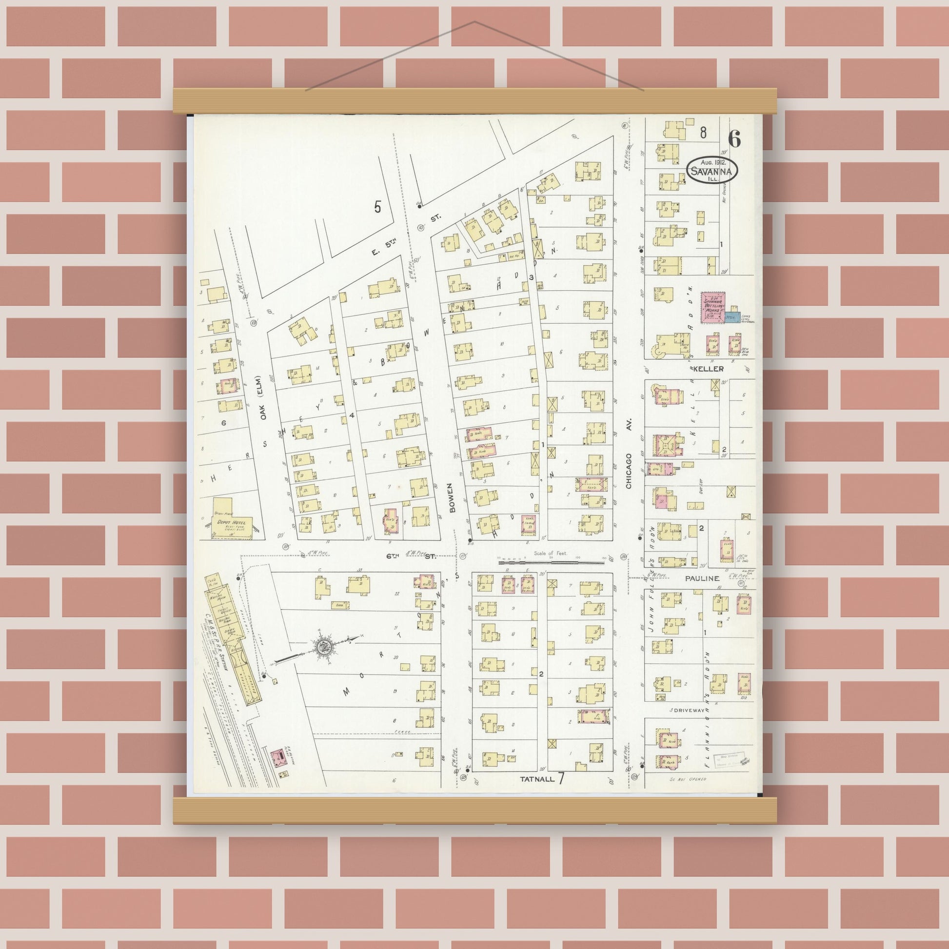 Old map wall art mockup — magnetic wood frame on brick wall — Sanborn Fire Insurance Map from Savanna, Carroll County, Illinois (1912), Sheet #0006