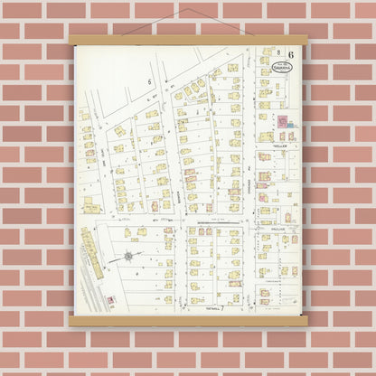 Old map wall art mockup — magnetic wood frame on brick wall — Sanborn Fire Insurance Map from Savanna, Carroll County, Illinois (1912), Sheet #0006
