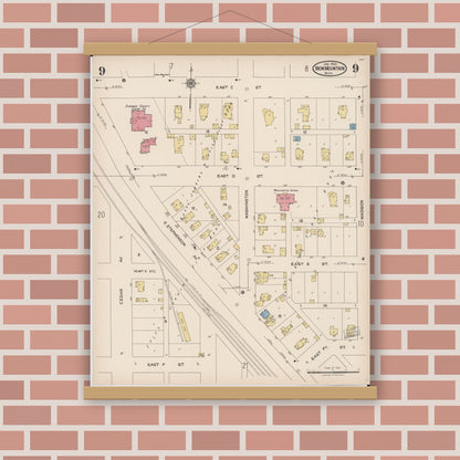Old map wall art mockup — magnetic wood frame on brick wall — Sanborn Fire Insurance Map from Iron Mountain, Dickinson County, Michigan (1923), Sheet #0009
