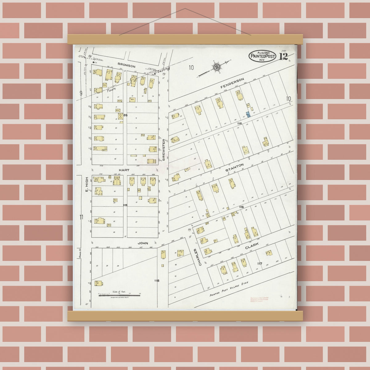Old map wall art mockup — magnetic wood frame on brick wall — Sanborn Fire Insurance Map from Painted Post, Steuben County, New York (1921), Sheet #0012