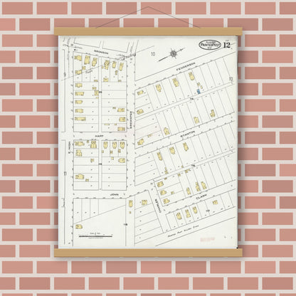 Old map wall art mockup — magnetic wood frame on brick wall — Sanborn Fire Insurance Map from Painted Post, Steuben County, New York (1921), Sheet #0012