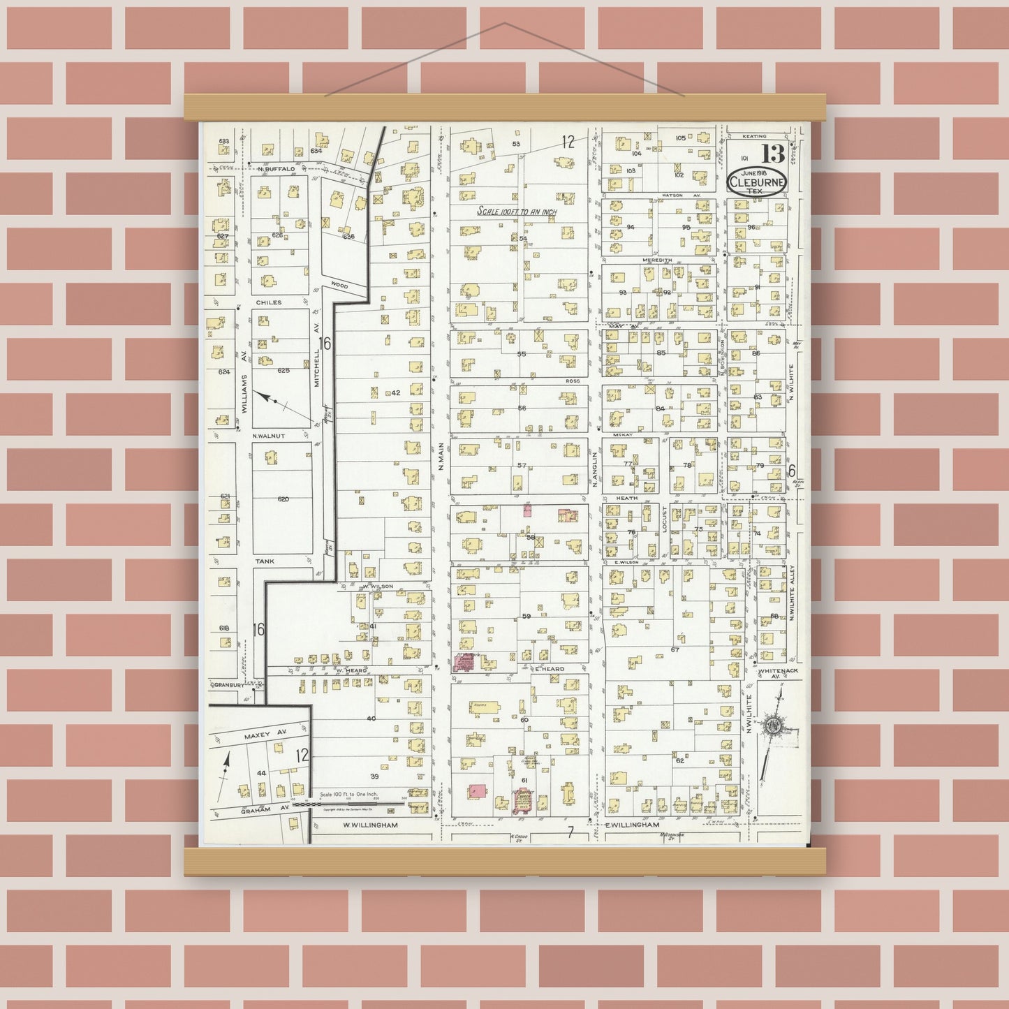 Old map wall art mockup — magnetic wood frame on brick wall — Sanborn Fire Insurance Map from Cleburne, Johnson County, Texas (1918), Sheet #0013