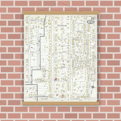 Old map wall art mockup — magnetic wood frame on brick wall — Sanborn Fire Insurance Map from Cleburne, Johnson County, Texas (1918), Sheet #0013