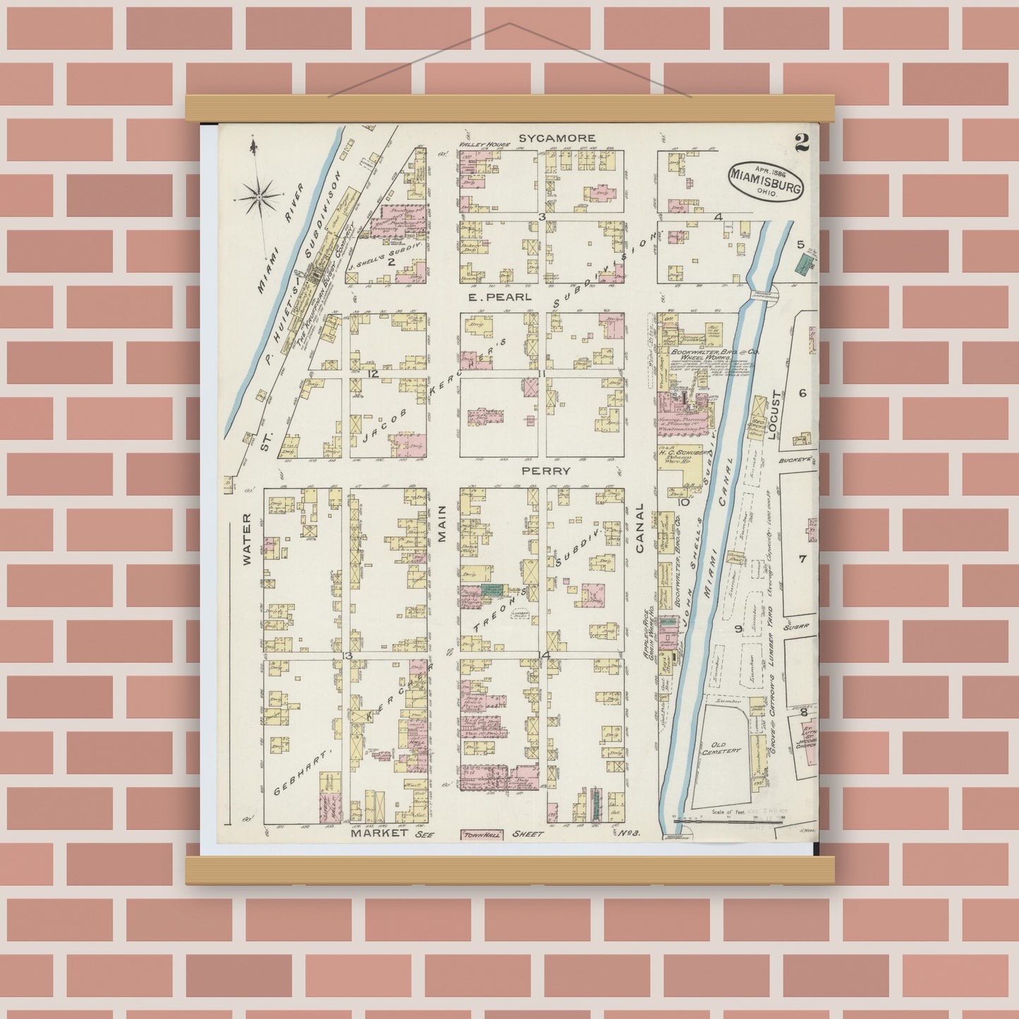 Old map wall art mockup — magnetic wood frame on brick wall — Sanborn Fire Insurance Map from Miamisburg, Montgomery County, Ohio (1886), Sheet #0002
