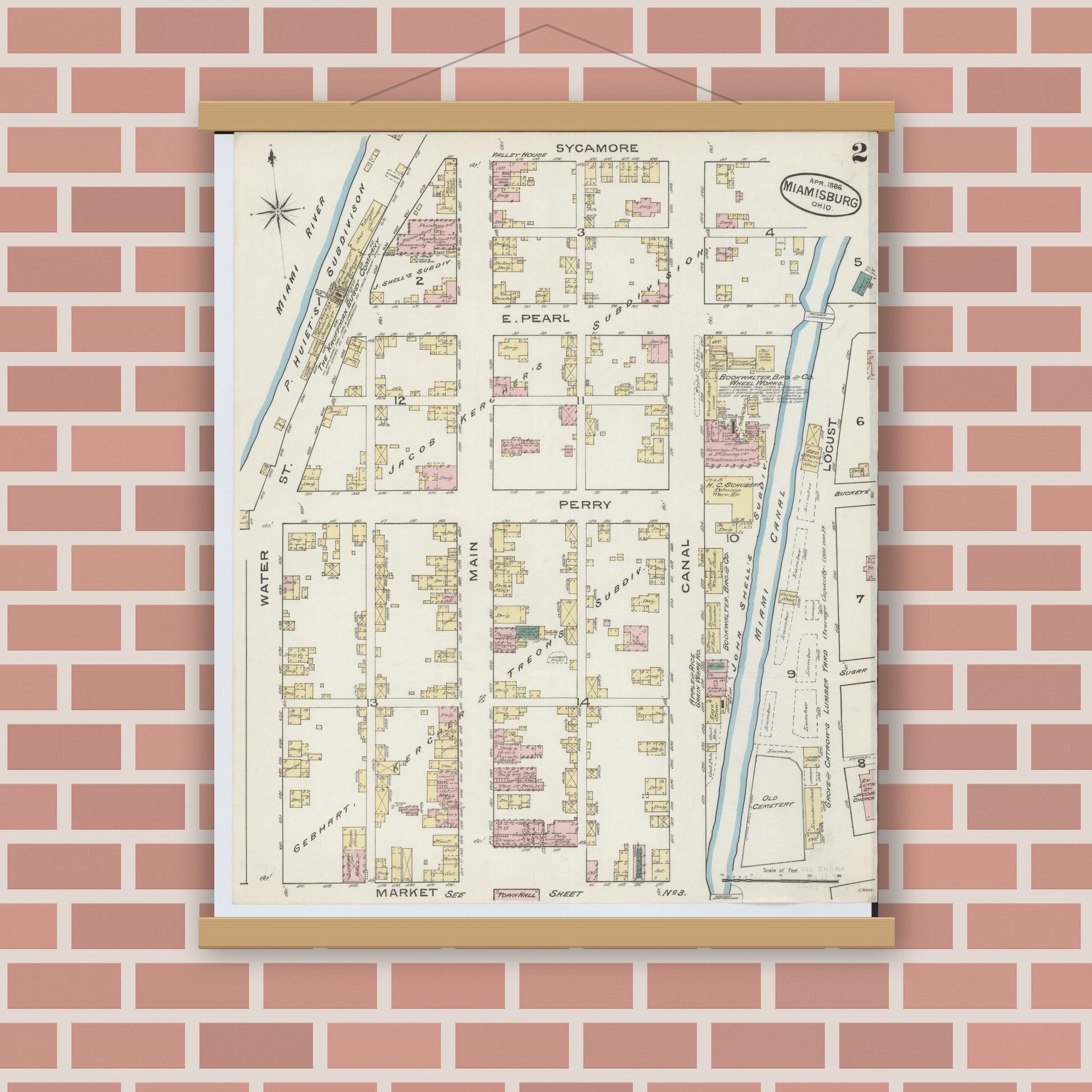 Old map wall art mockup — magnetic wood frame on brick wall — Sanborn Fire Insurance Map from Miamisburg, Montgomery County, Ohio (1886), Sheet #0002