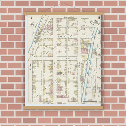Old map wall art mockup — magnetic wood frame on brick wall — Sanborn Fire Insurance Map from Miamisburg, Montgomery County, Ohio (1886), Sheet #0002
