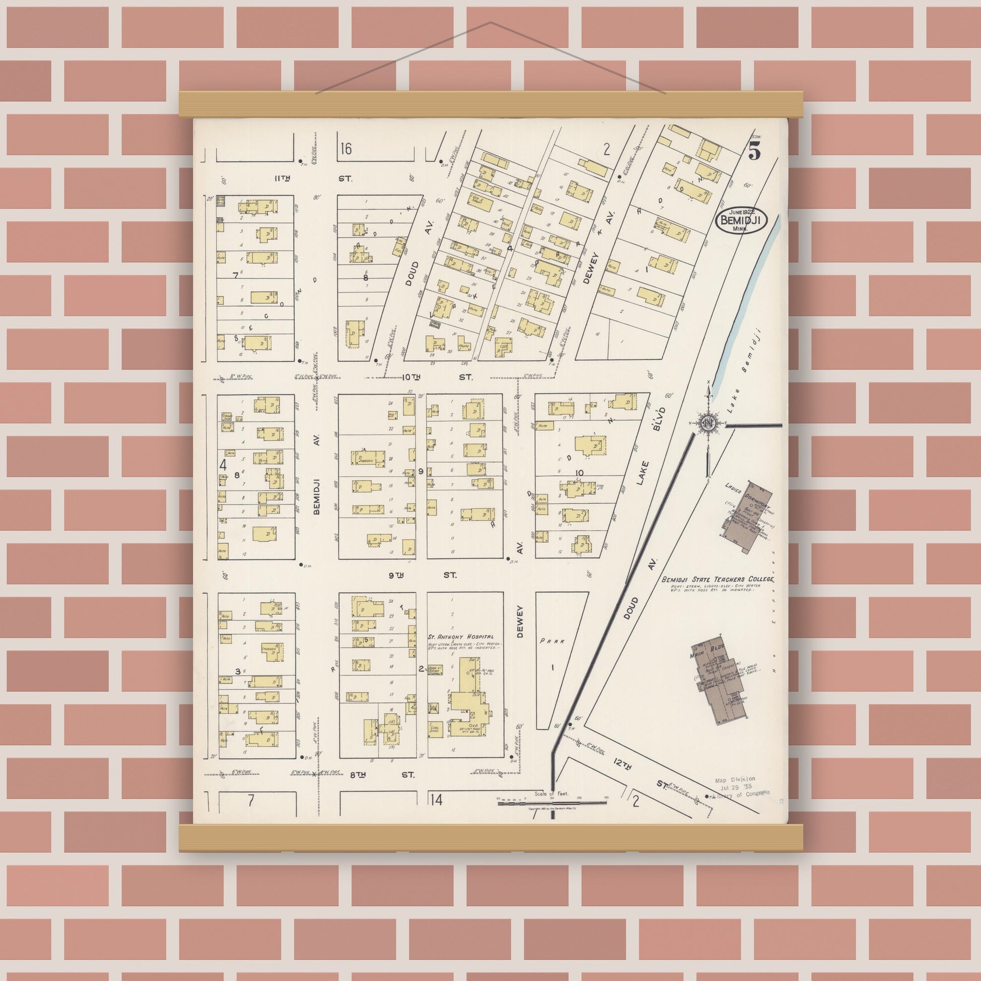 Old map wall art mockup — magnetic wood frame on brick wall — Sanborn Fire Insurance Map from Bemidji, Beltrami County, Minnesota (1922), Sheet #0005