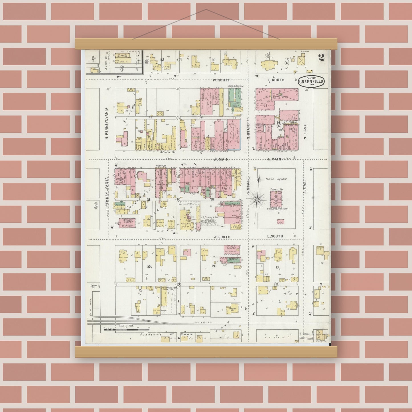 Old map wall art mockup — magnetic wood frame on brick wall — Sanborn Fire Insurance Map from Greenfield, Hancock County, Indiana (1895), Sheet #0002