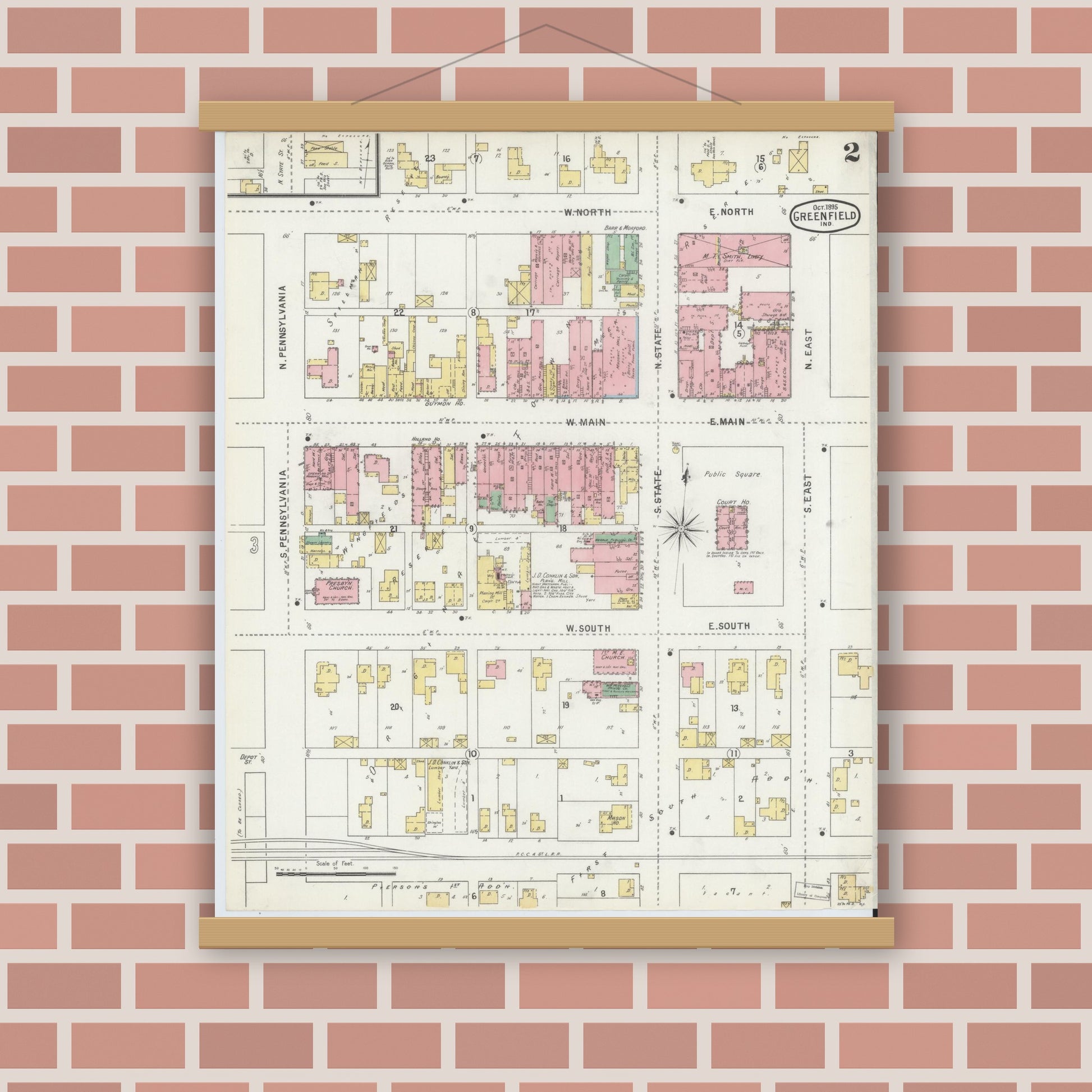 Old map wall art mockup — magnetic wood frame on brick wall — Sanborn Fire Insurance Map from Greenfield, Hancock County, Indiana (1895), Sheet #0002