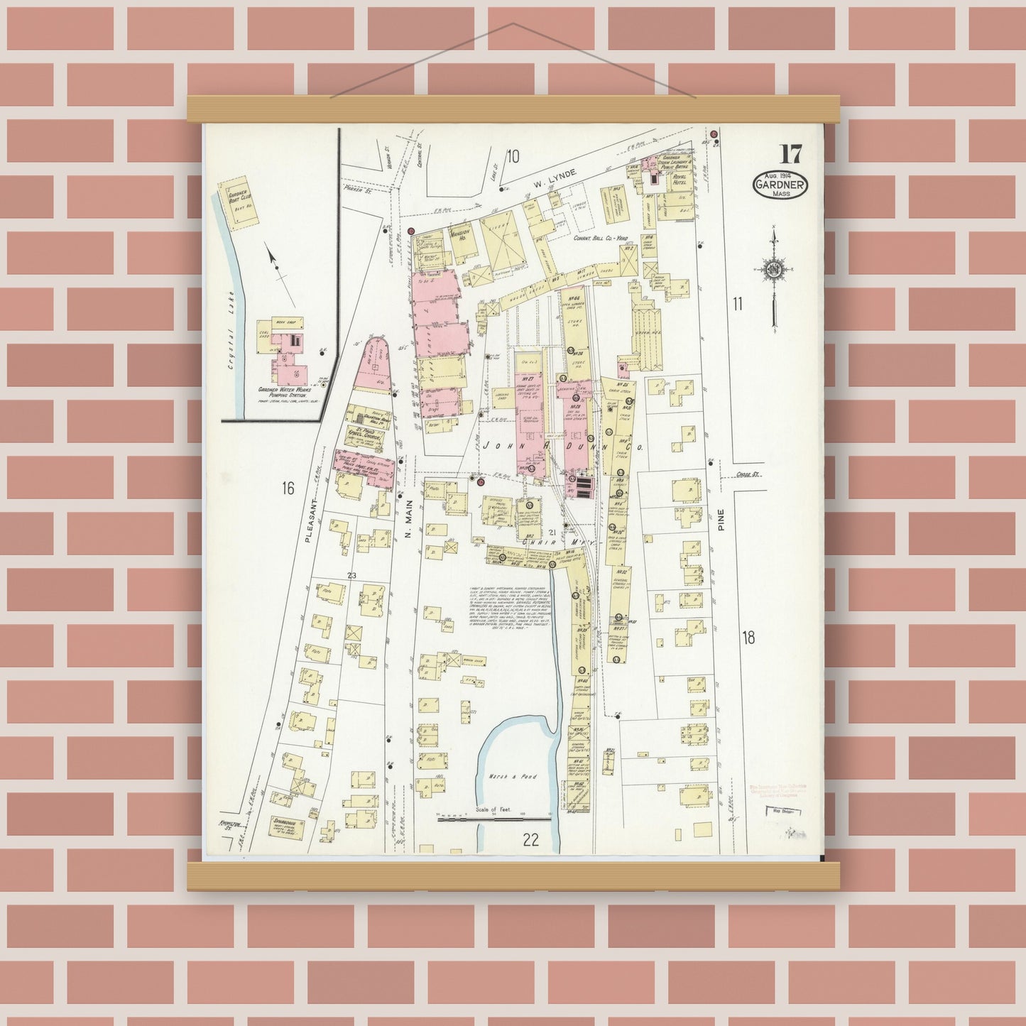 Old map wall art mockup — magnetic wood frame on brick wall — Sanborn Fire Insurance Map from Gardner, Worcester County, Massachusetts (1914), Sheet #0017