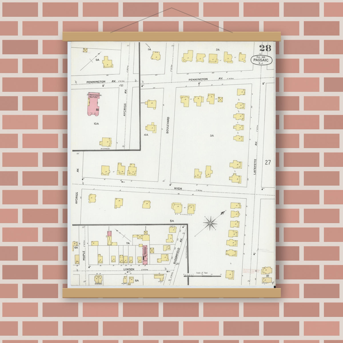 Old map wall art mockup — magnetic wood frame on brick wall — Sanborn Fire Insurance Map from Passaic, Passaic County, New Jersey (1899), Sheet #0028