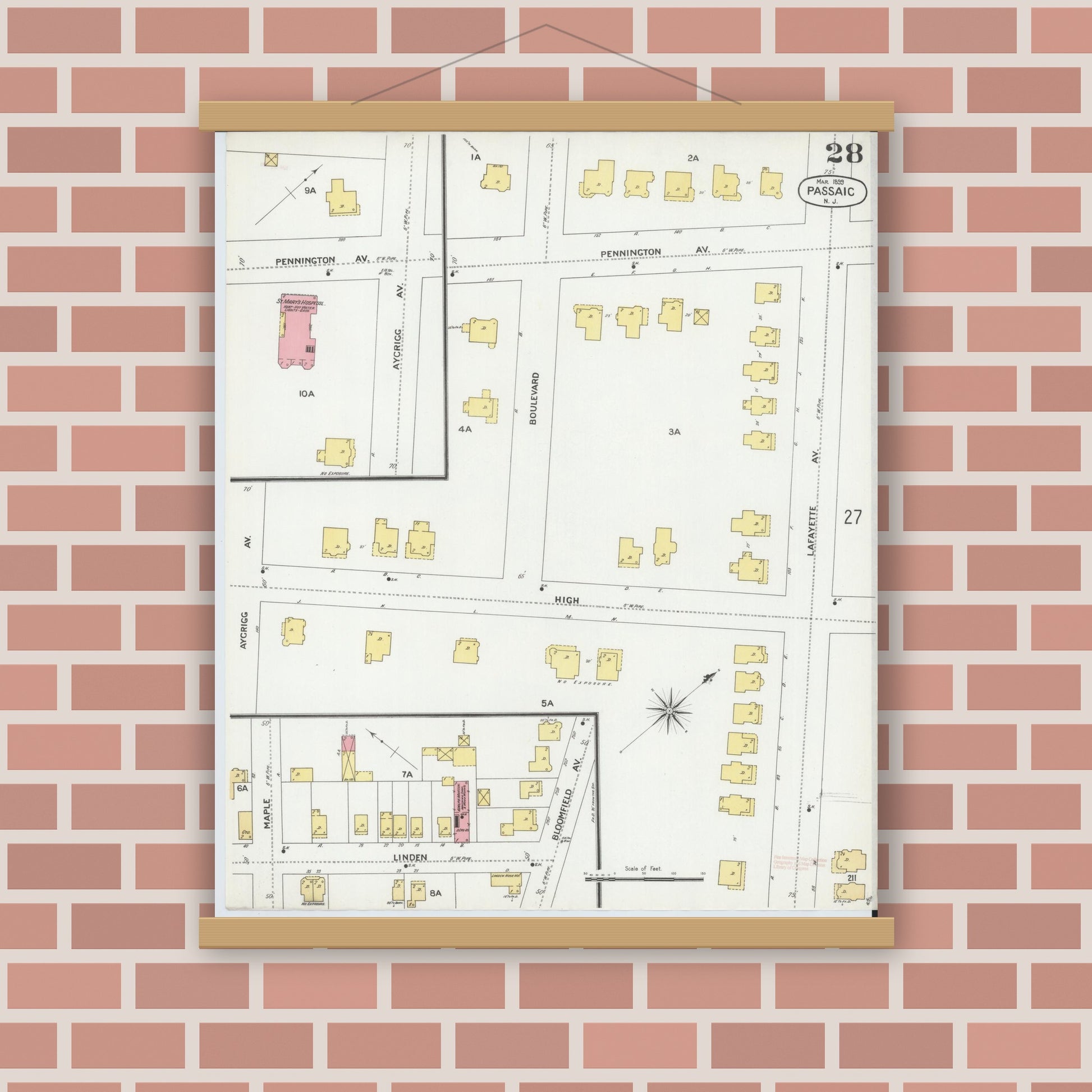 Old map wall art mockup — magnetic wood frame on brick wall — Sanborn Fire Insurance Map from Passaic, Passaic County, New Jersey (1899), Sheet #0028