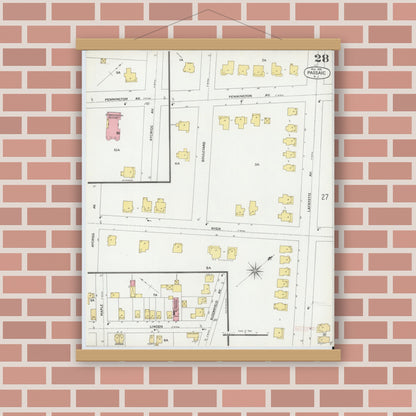 Old map wall art mockup — magnetic wood frame on brick wall — Sanborn Fire Insurance Map from Passaic, Passaic County, New Jersey (1899), Sheet #0028