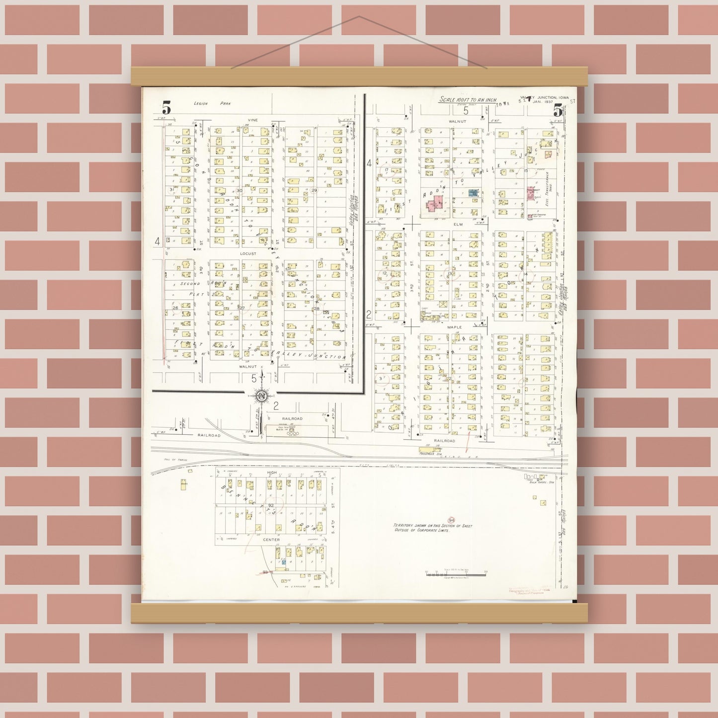 Old map wall art mockup — magnetic wood frame on brick wall — Sanborn Fire Insurance Map from Valley Junction, Polk County, Iowa (1941), Sheet #0005