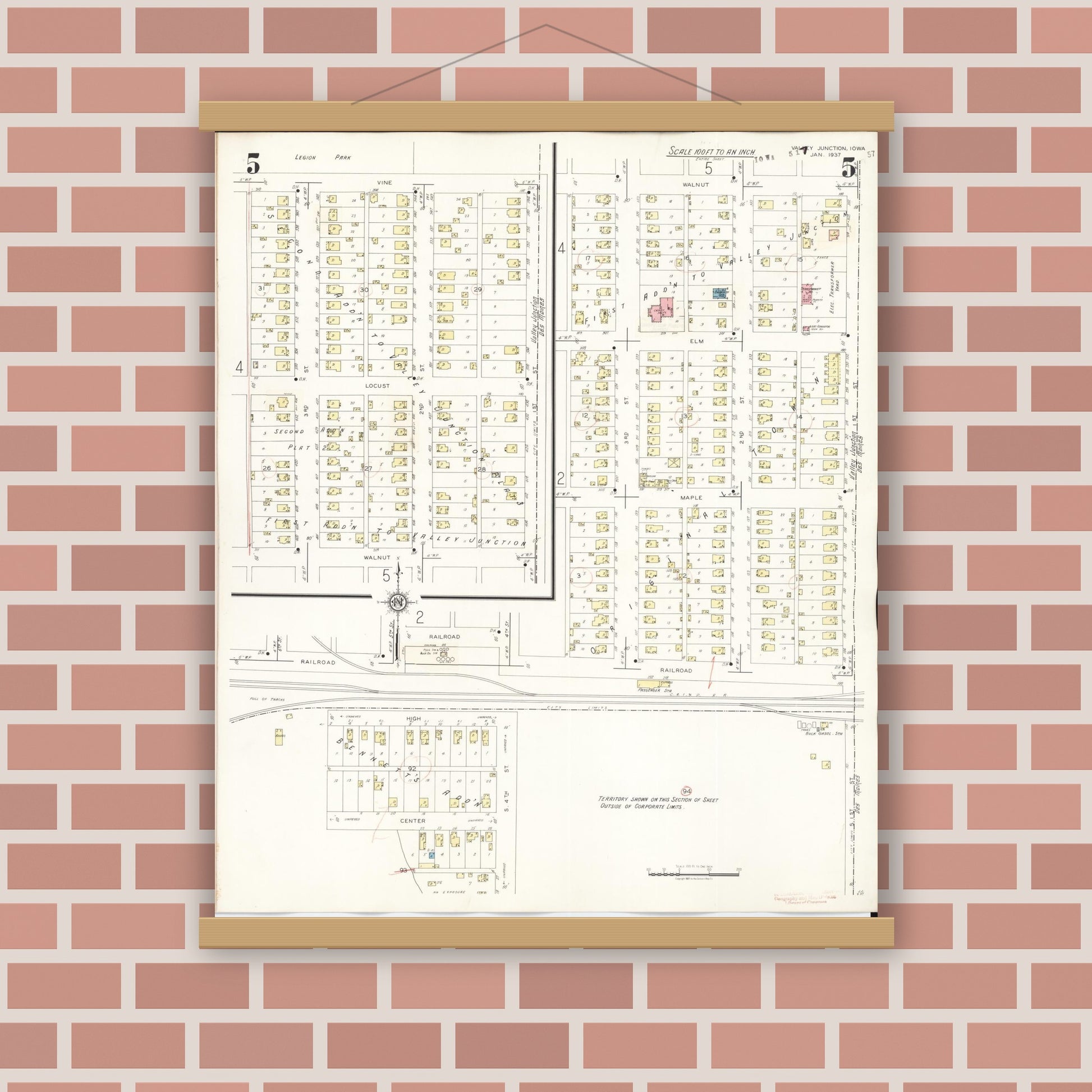 Old map wall art mockup — magnetic wood frame on brick wall — Sanborn Fire Insurance Map from Valley Junction, Polk County, Iowa (1941), Sheet #0005