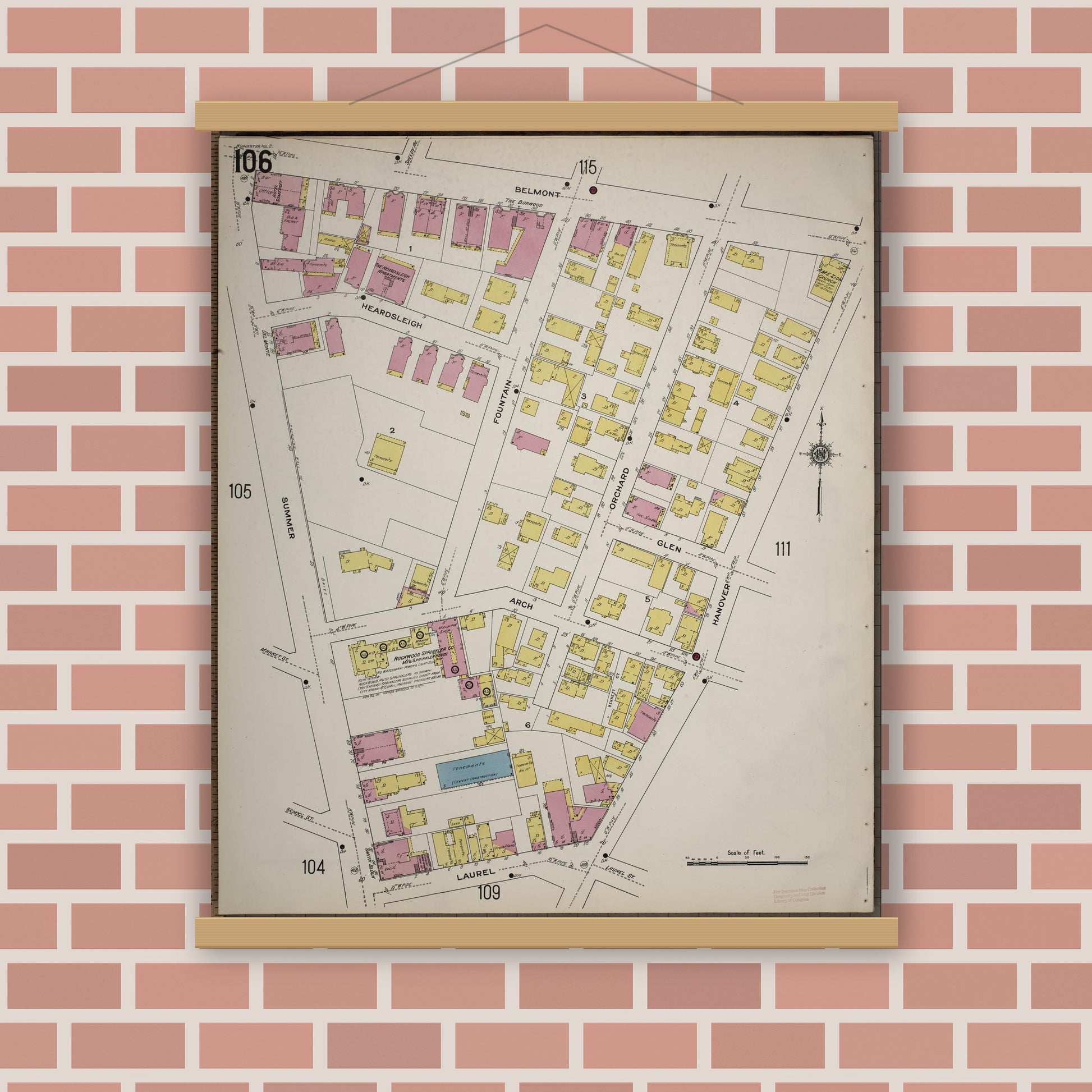 Old map wall art mockup — magnetic wood frame on brick wall — Sanborn Fire Insurance Map from Worcester, Worcester County, Massachusetts (1910), Sheet #0106