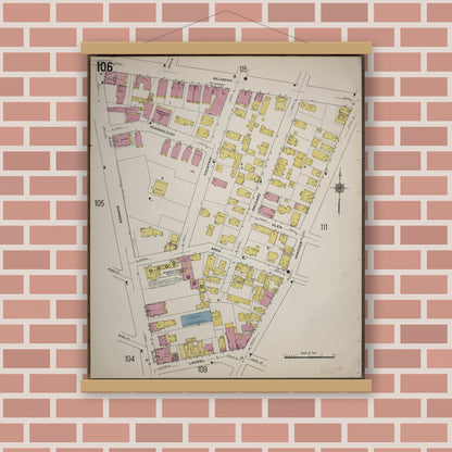 Old map wall art mockup — magnetic wood frame on brick wall — Sanborn Fire Insurance Map from Worcester, Worcester County, Massachusetts (1910), Sheet #0106